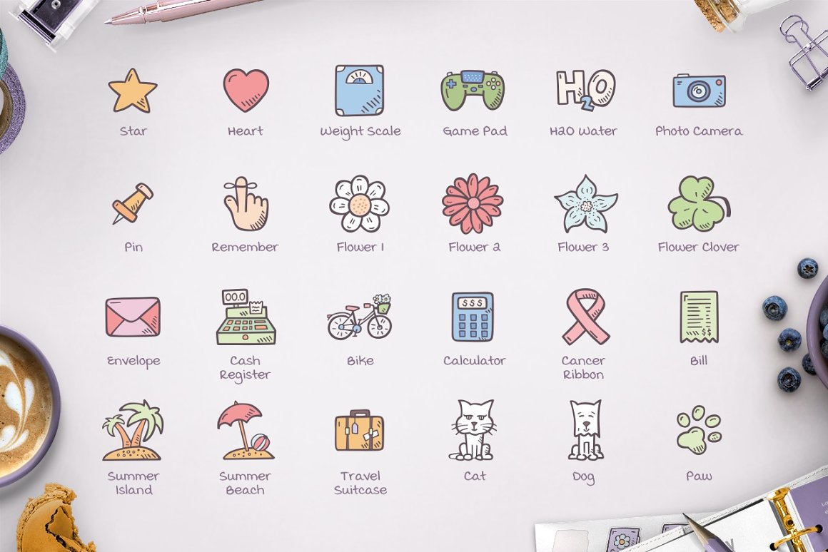 Bundle of hand drawn planner icons on a gray background.