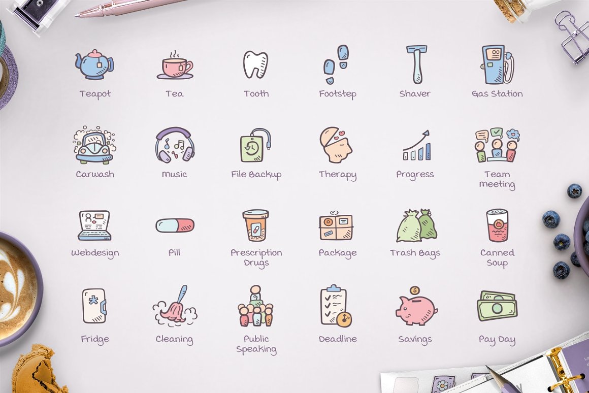 Collection of colorful hand drawn planner icons on a gray background.