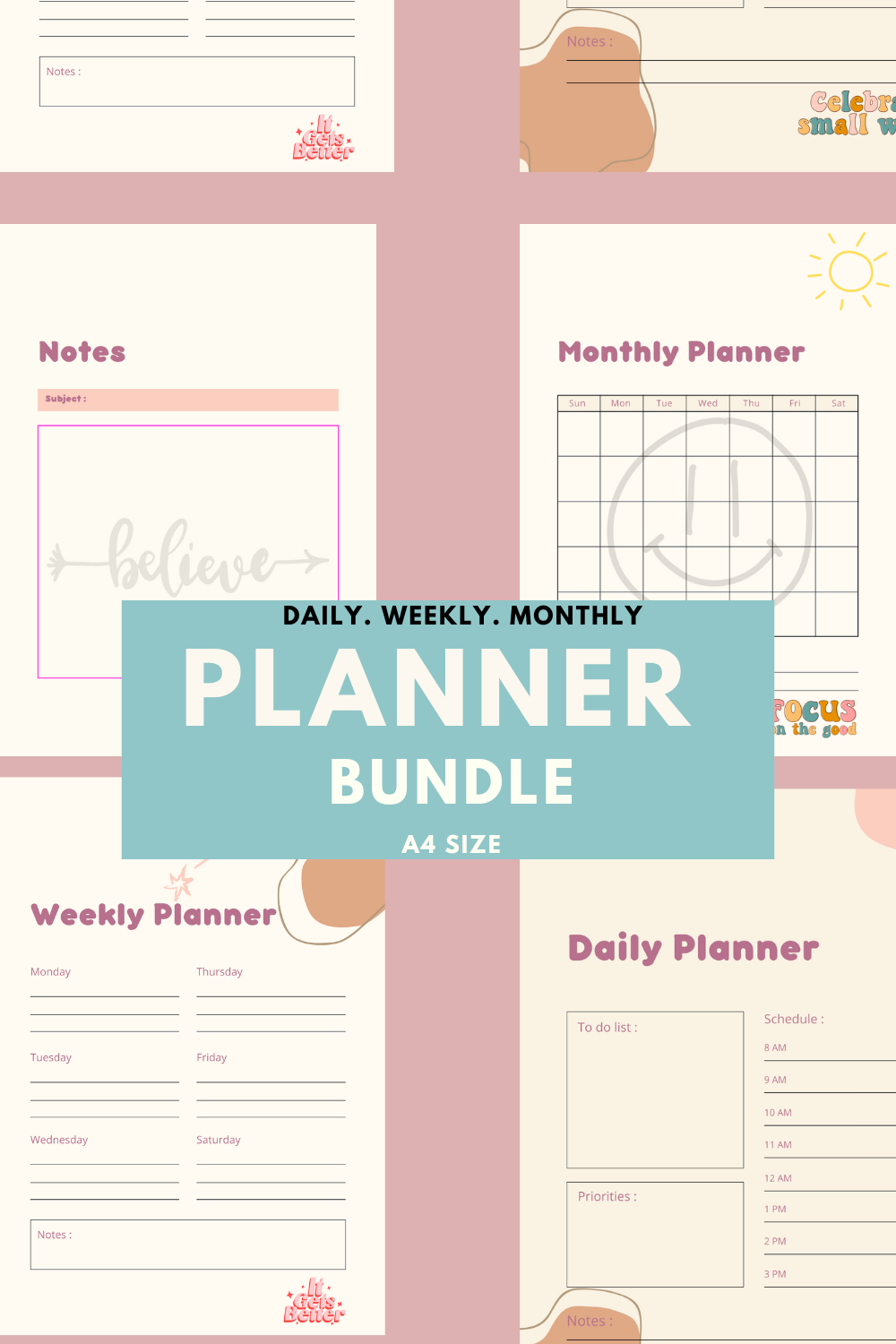 Clean Yearly Planner Bundle Template pinterest image.