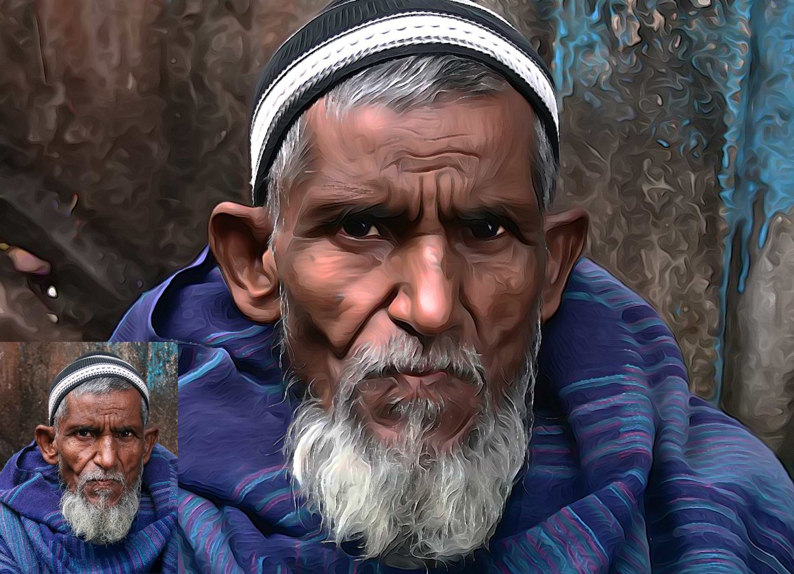 Colorful portrait of an elderly man with a beard painted in oil.