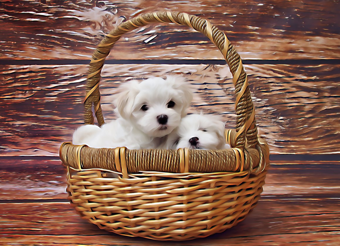Irresistible oil painting of puppies in a basket.