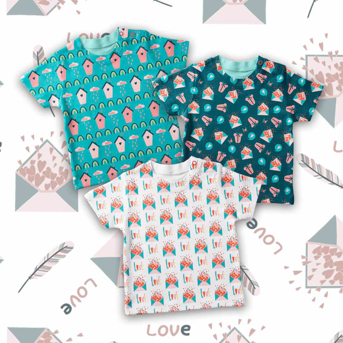 Images of T-shirts with beautiful patterns on the theme of Valentines Day.