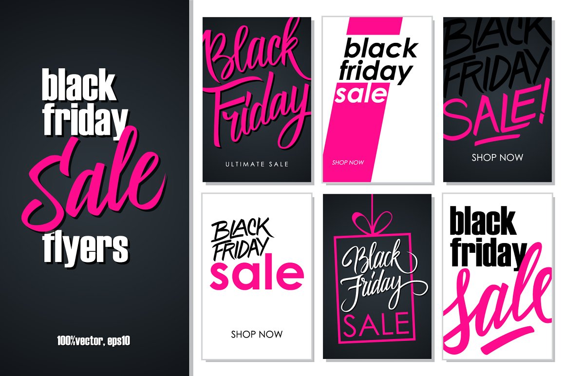 White-pink lettering "Black Friday Sale Flyers" and 6 templates.