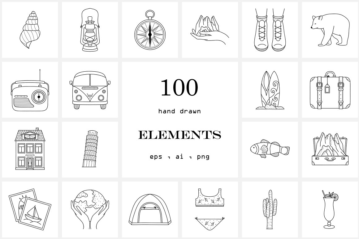 Black lettering "100 Hand Drawn Elements" and different black icons on a white background.