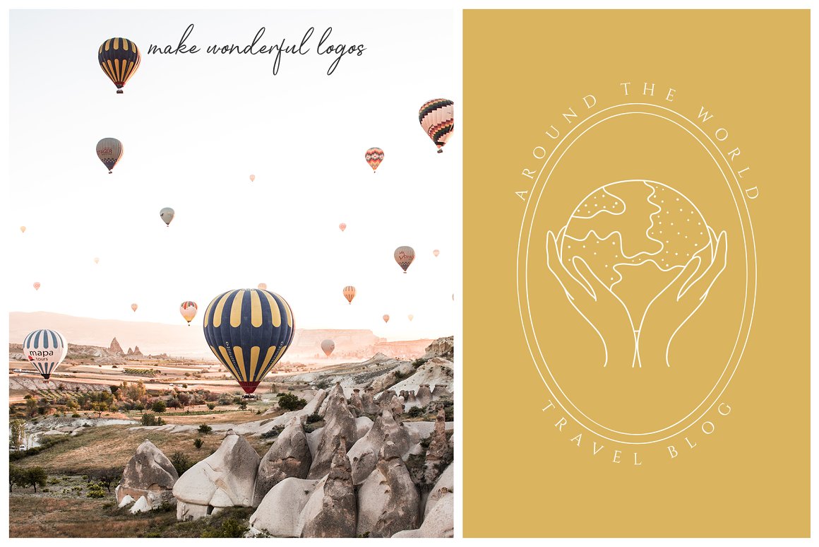 White oval logo with icon and lettering on a dirty yellow background and photo of air balloons.