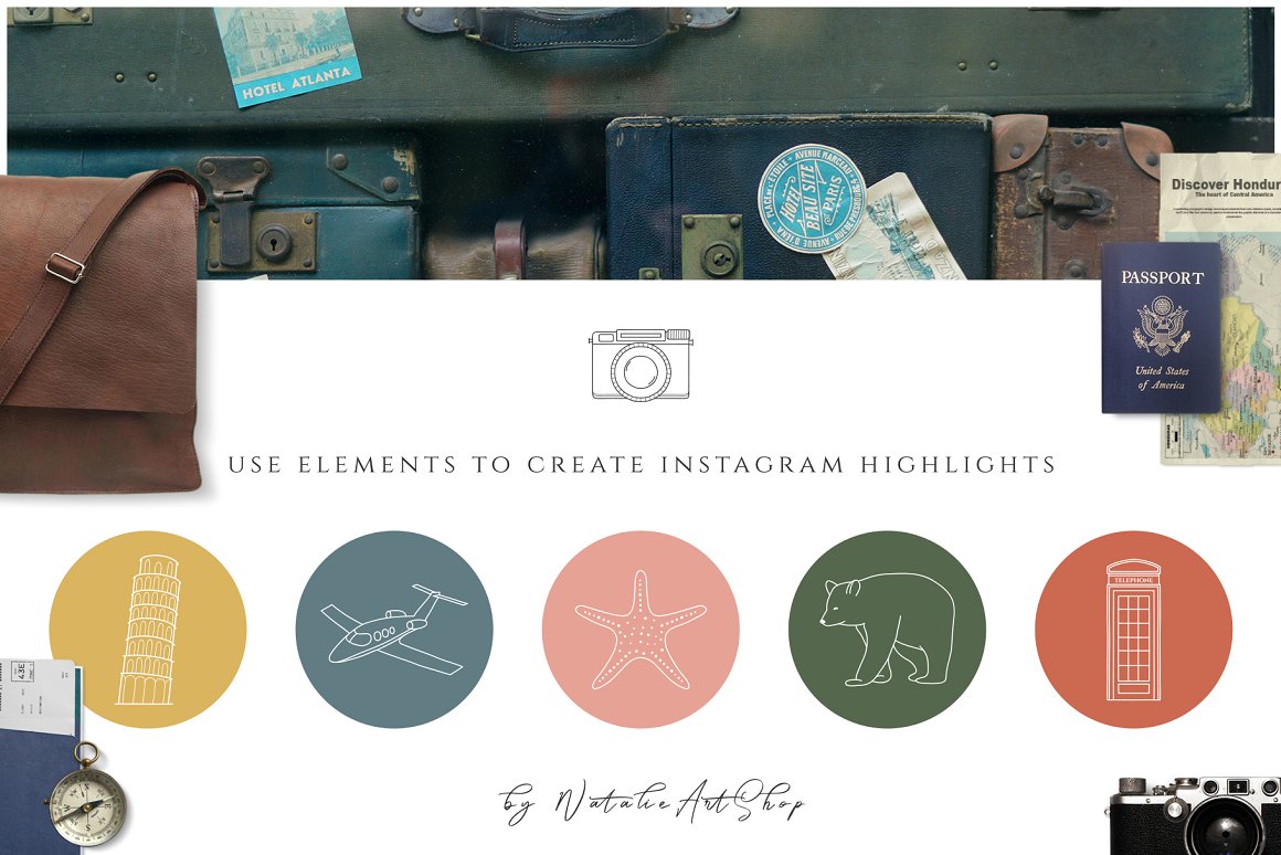 5 different colorful Instagram highlights with white icon on a white background.