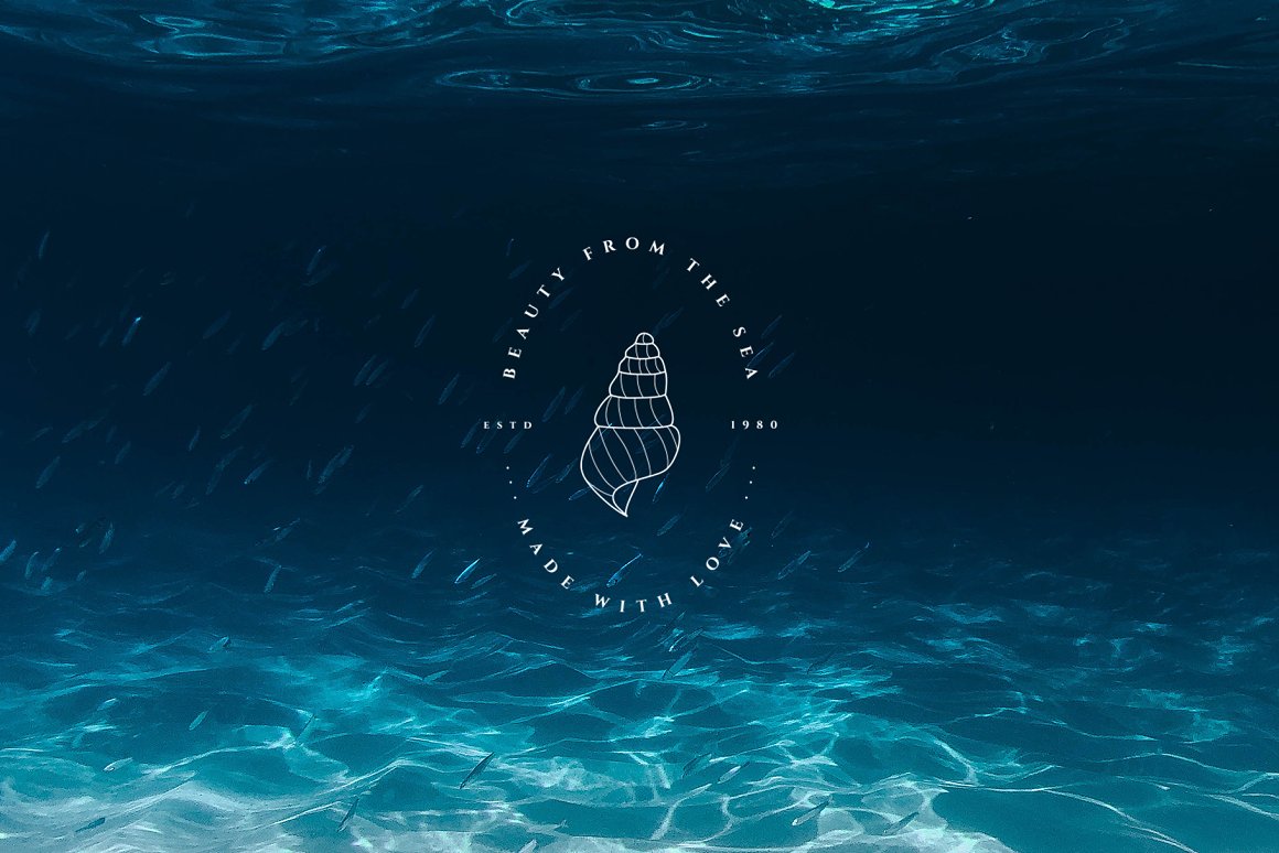 White icon and lettering on the background of under water.