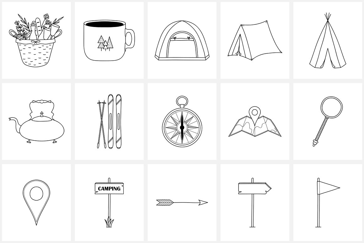 Bundle of 15 black travel icons on a white background.