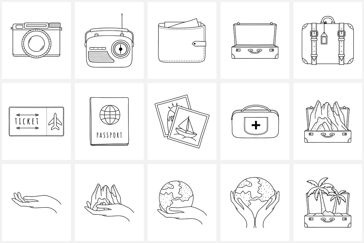 15 different black travel icons on a white background.