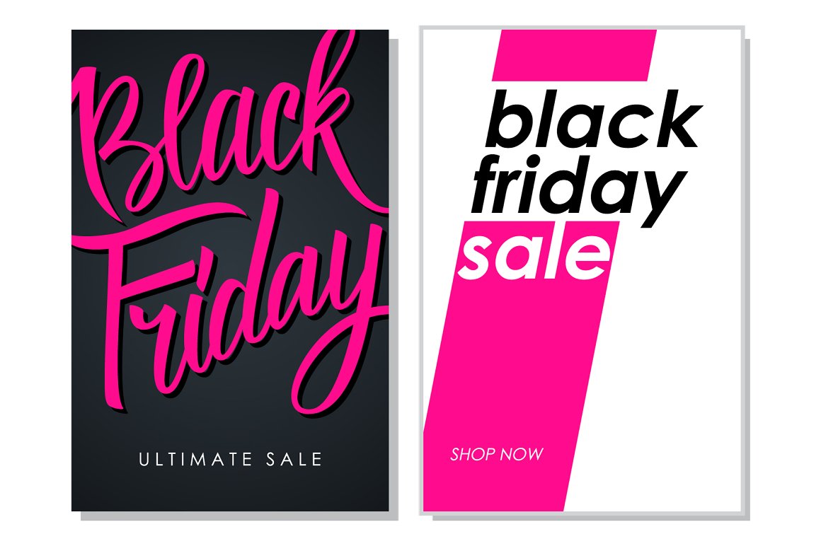 2 different black friday sale flyers in white, pink and black.
