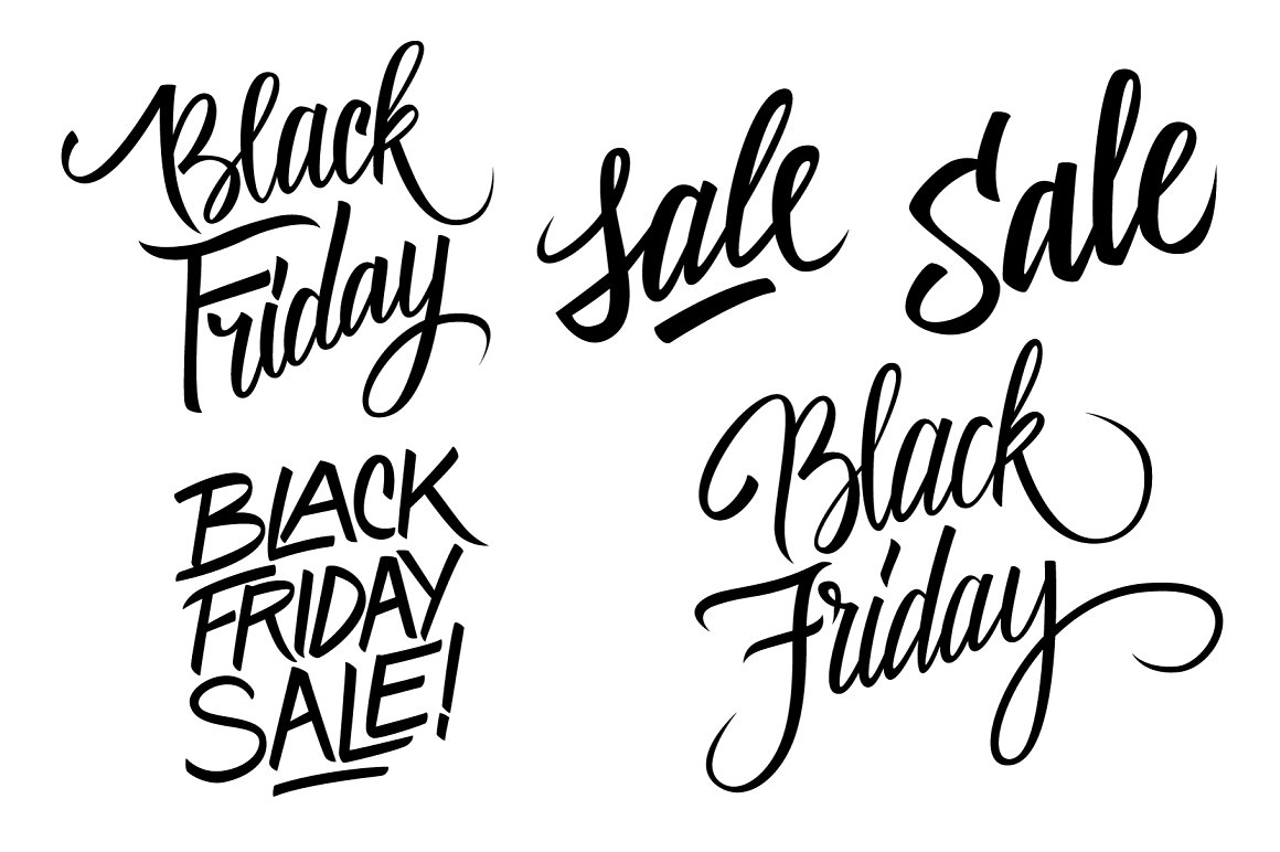 5 different black calligraphic lettering on a white background.