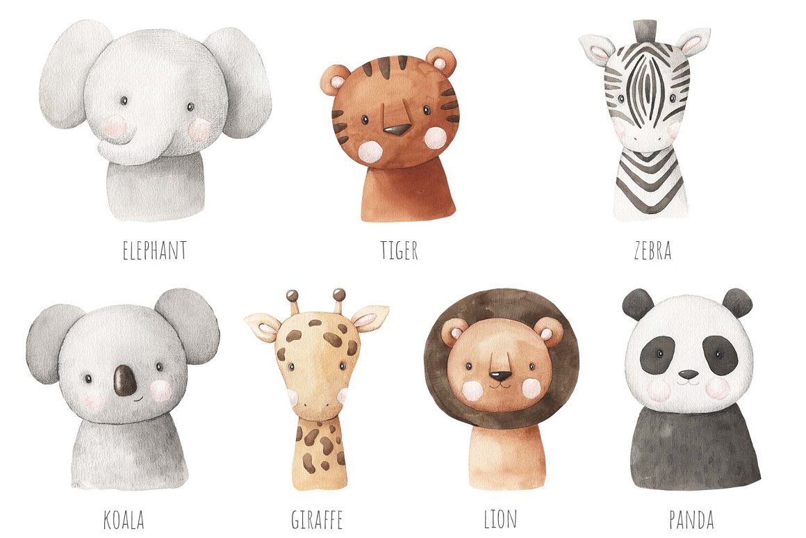 Collection of illustrations of elephant, tiger, zebra, koala, giraffe, lion and panda on a white background.