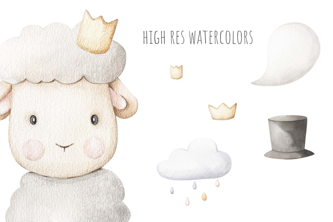 Illustration of a sheep and black lettering "High res watercolors" on a white background.