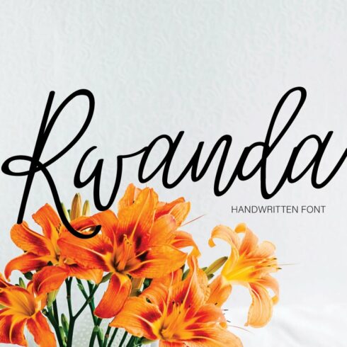 Black lettering "Rwanda" on a gray background with flowers.