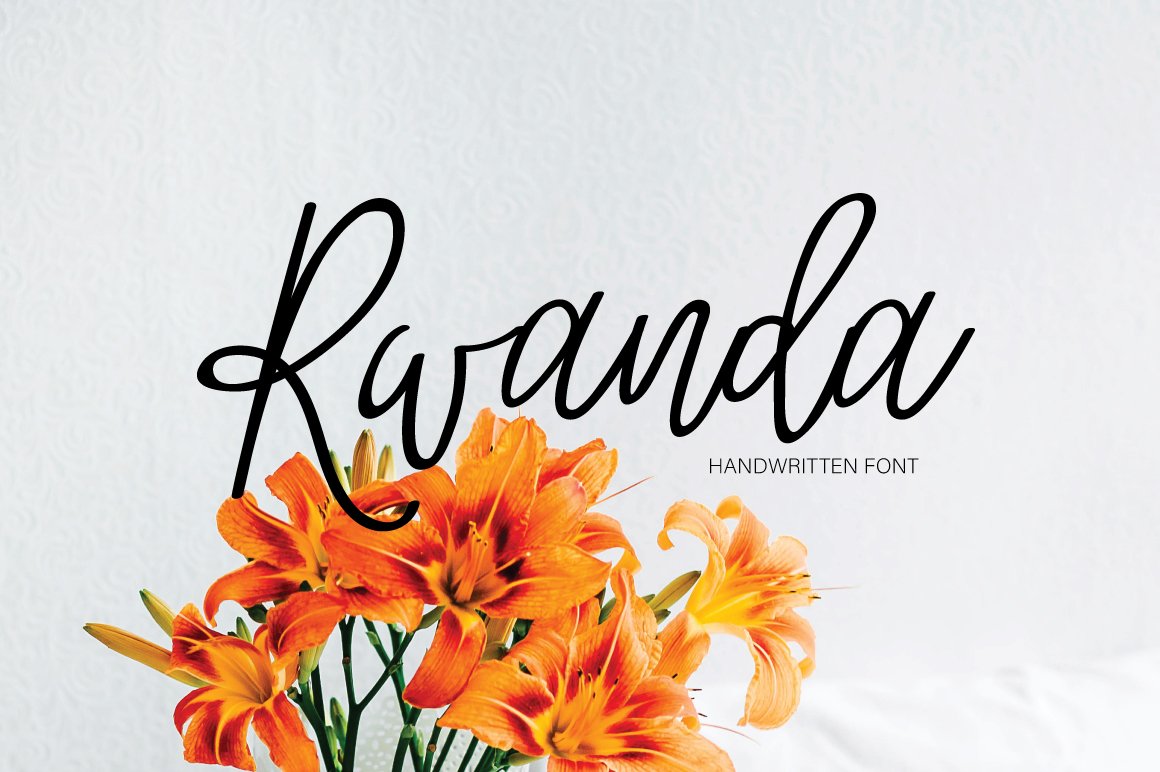 Black lettering "Rwanda" on a gray background with flowers.