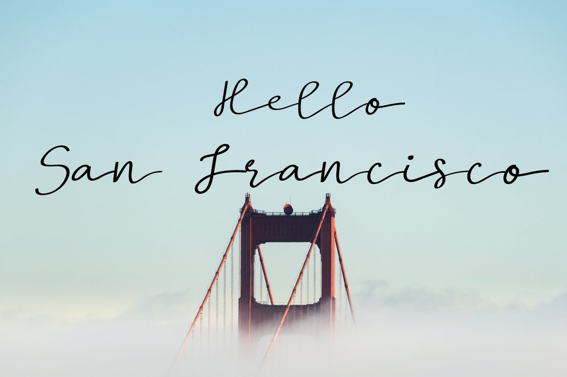Black lettering "Hello San Francisco" on a blue background with bridge.