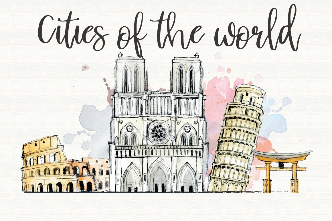 Black calligraphy lettering "Cities of the world" and watercolor illustration.