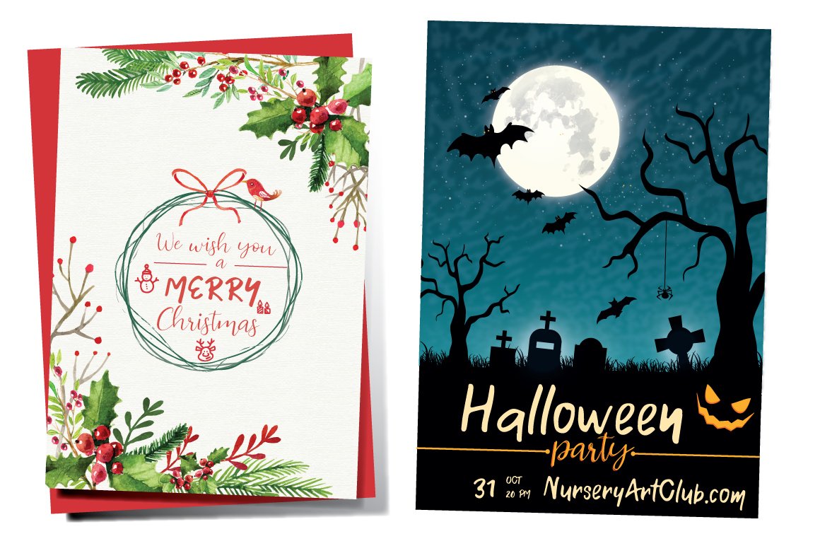 Invitation cards for christmas and halloween.