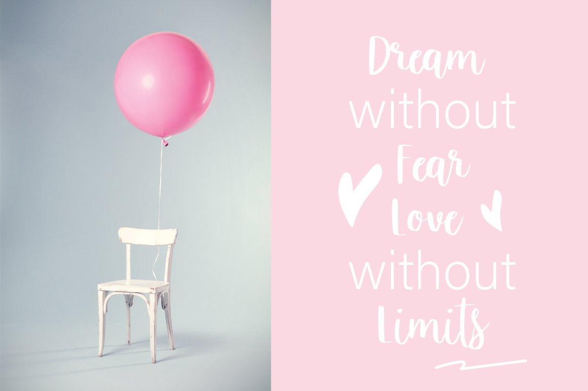 White phrase on a pink background and photo of a chair with pink balloon.