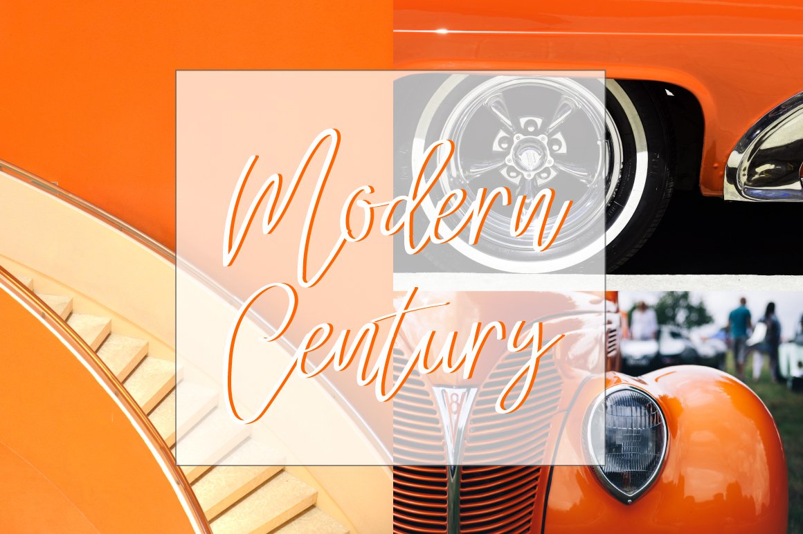 White and orange lettering "Modern Century" on the 3 different orange images.