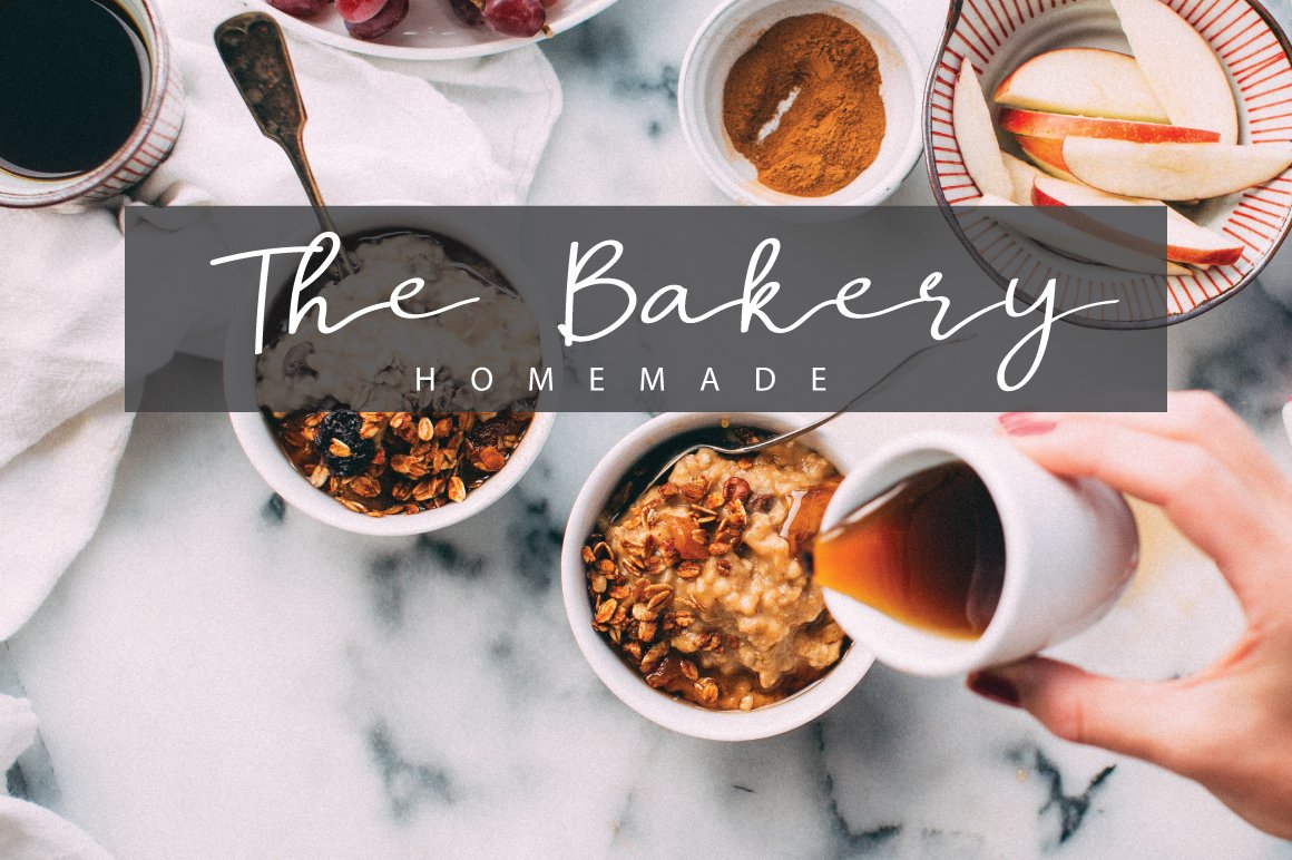White lettering "The Bakery Homemade" on the background of image of food.