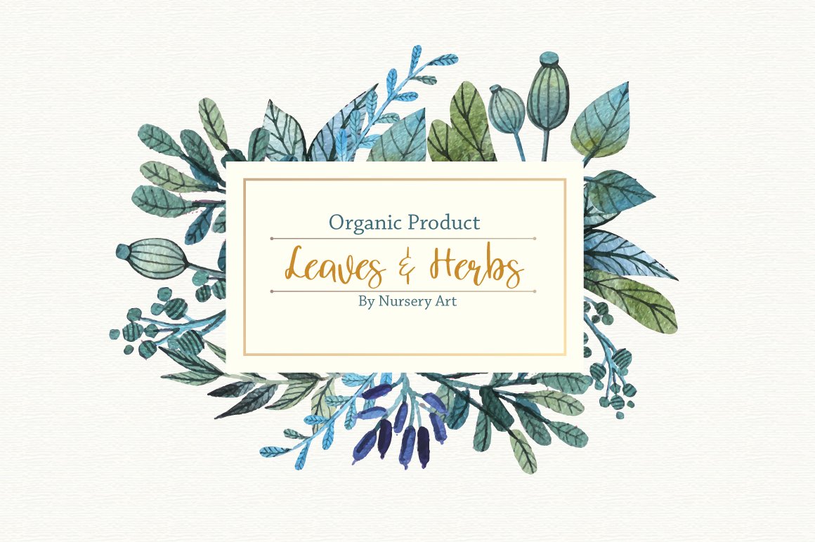 Brown lettering "Leaves & Nerbs" on a gray label with flowers.