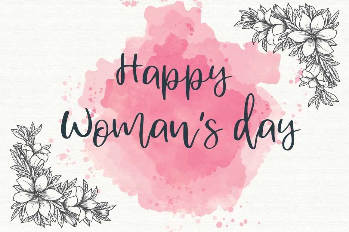 Black lettering "Happy Woman's Day" in calligraphy on a watercolor background.