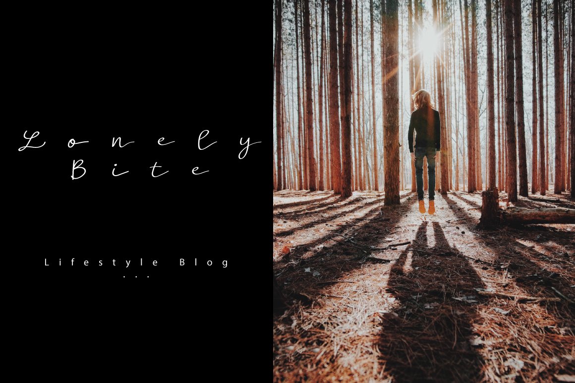 White lettering "Lonely Bite" on a black background and image of a girl in the forest.