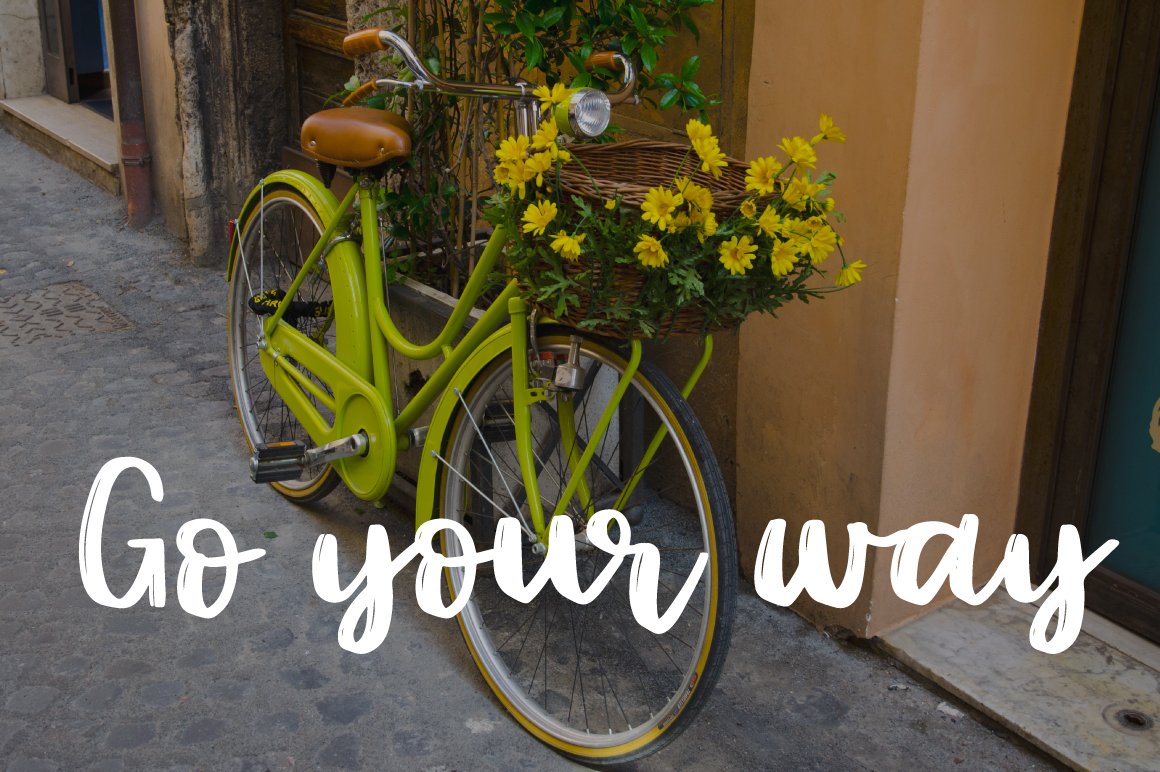 Lettering "Go your way" in white barbala font on the background of green cycle.