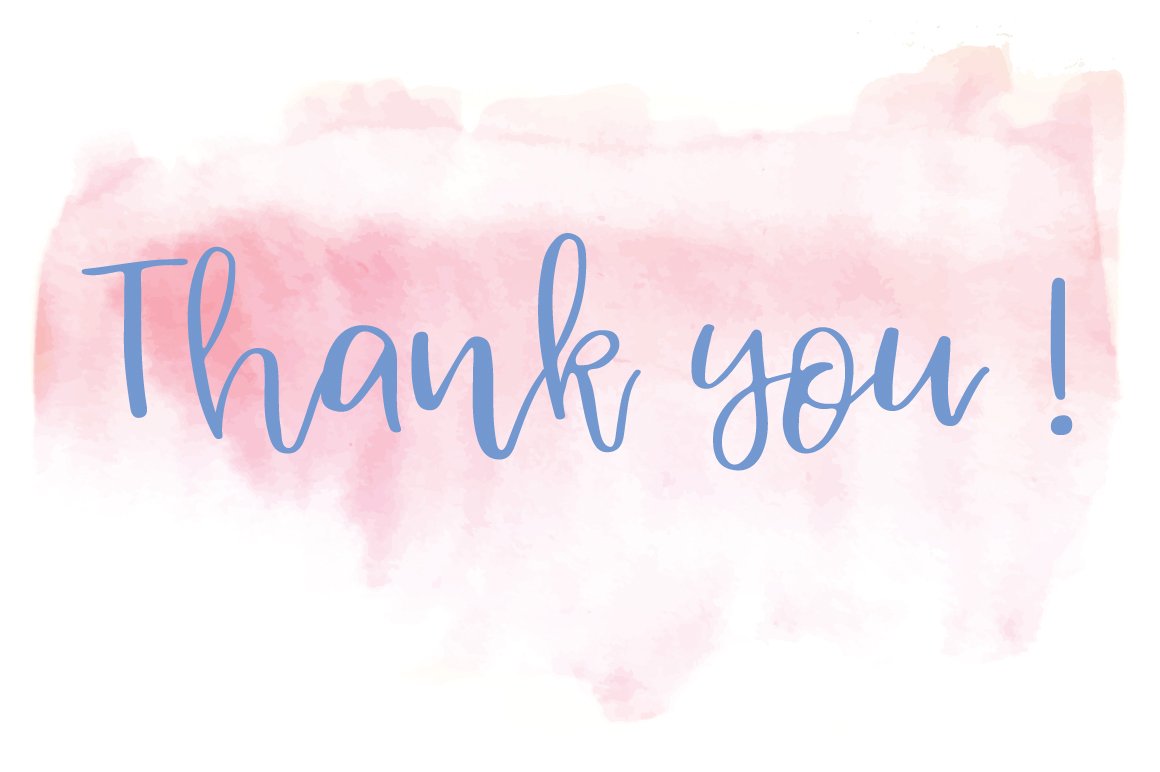 Purple calligraphy lettering "Thank you!" on a pink watercolor background.