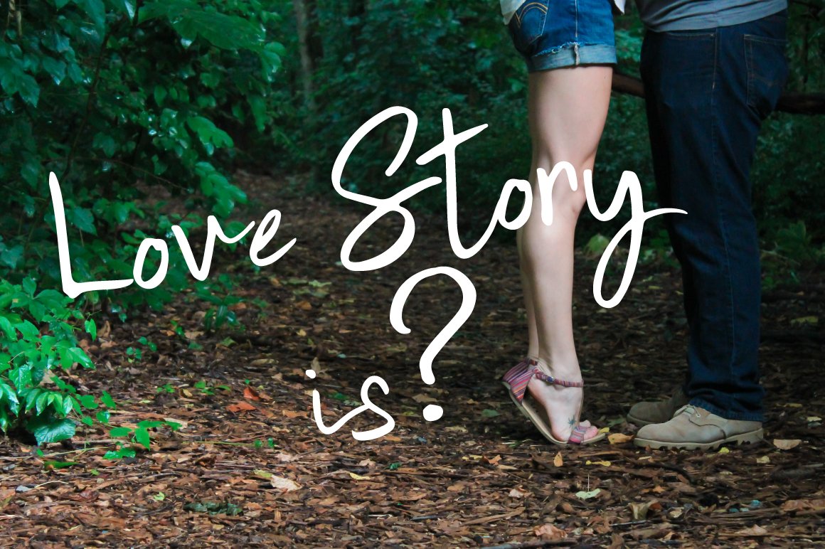 Image of couple with white lettering "Love story is?".
