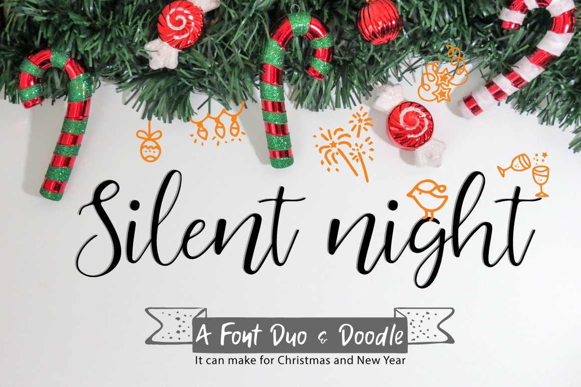 Black lettering "Silent Night" on the christmas background.
