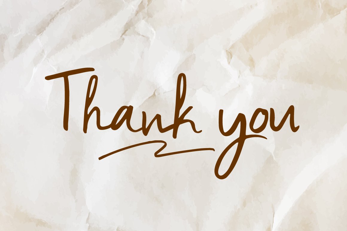 Brown lettering "Thank you" on a paper background.