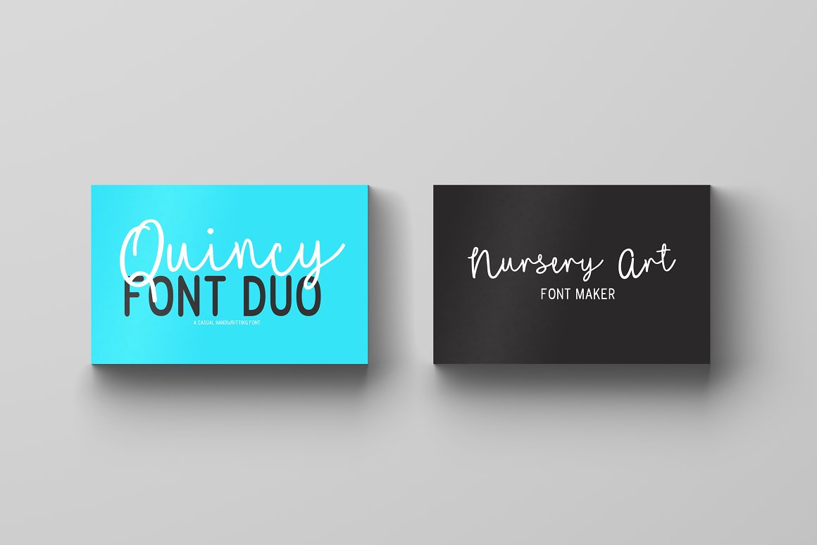 Blue and black cards with white and black lettering in Quincy font duo.