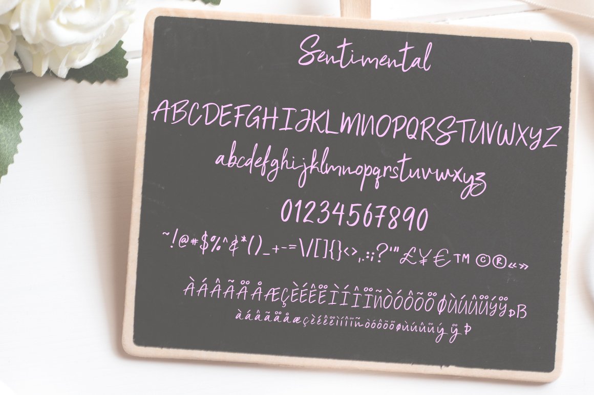 Collection of pink uppercase, lowercase, numbers, fractions and punctuation.