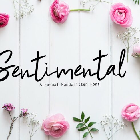 Black lettering "Sentimental" on the gray background with flowers.
