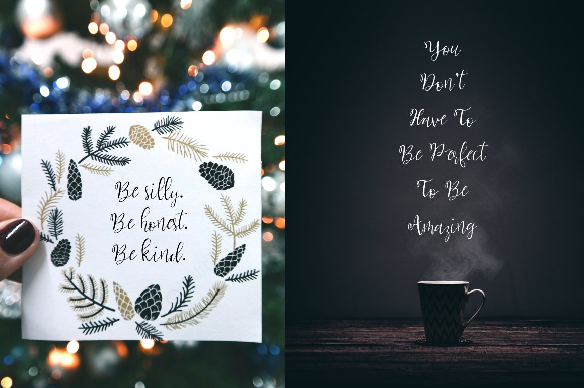 White phrase in callipgraphy on the background of cup and white christmas card with black lettering.