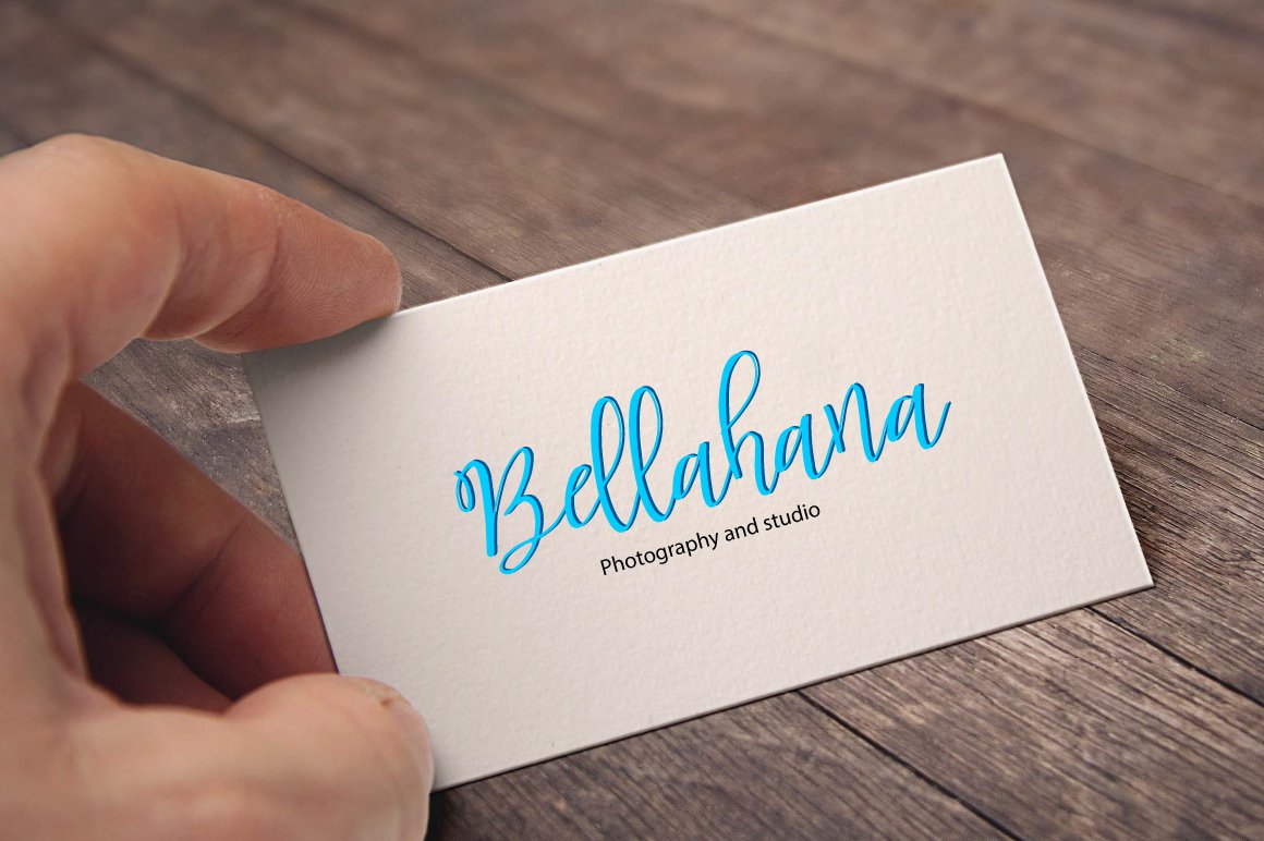 White visiting card with blue calligraphy lettering "Bellahana".