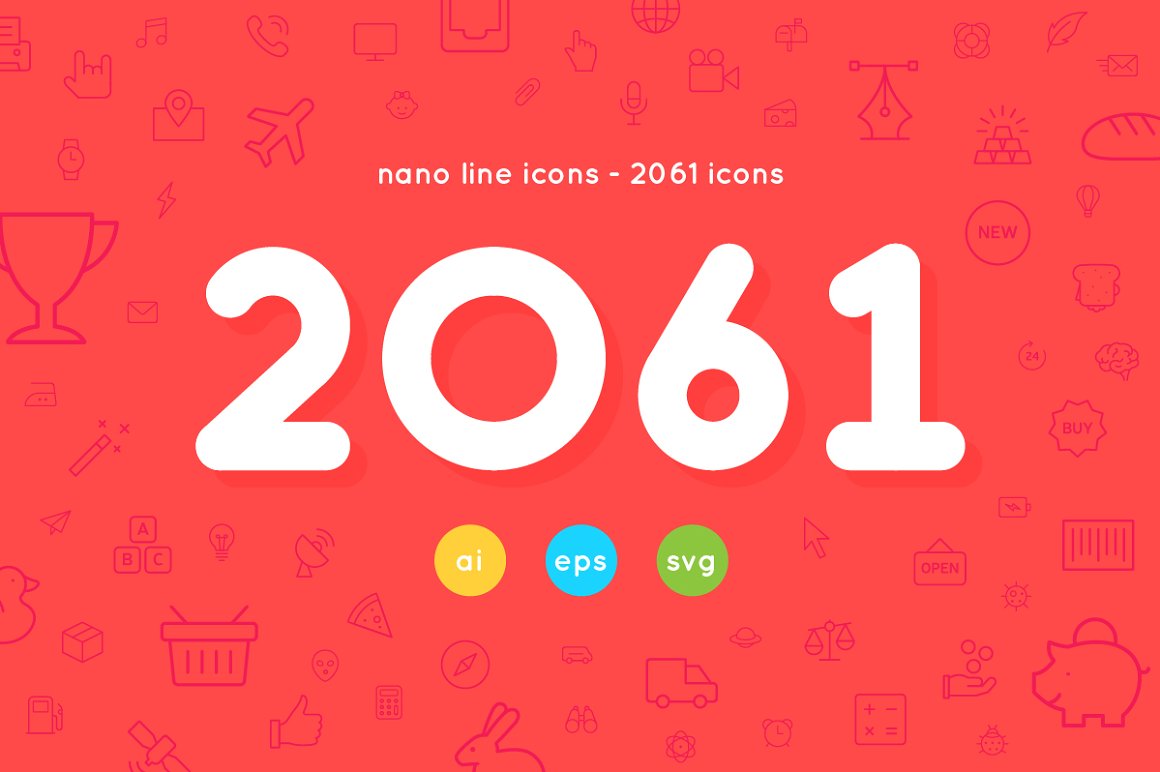 White lettering "nano line icons - 2061 icons" on a red background with different icons.