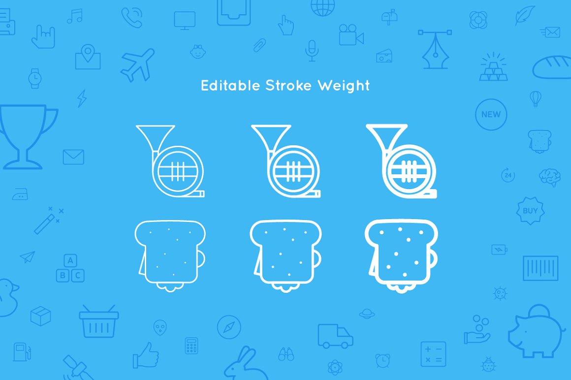 6 white icons and white lettering "Editable Stroke Weight" on a blue background.