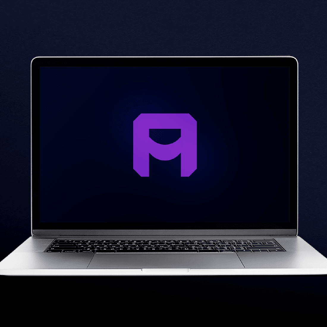 Laptop display with a purple letter logo.