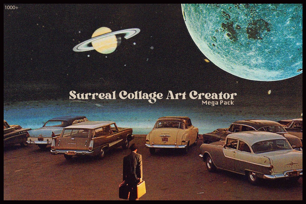 White lettering "Surreal Collage Art Creator" on the vintage picture.