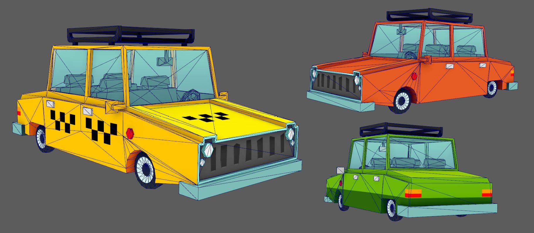 3 different illustrations of low poly cars on a gray background.