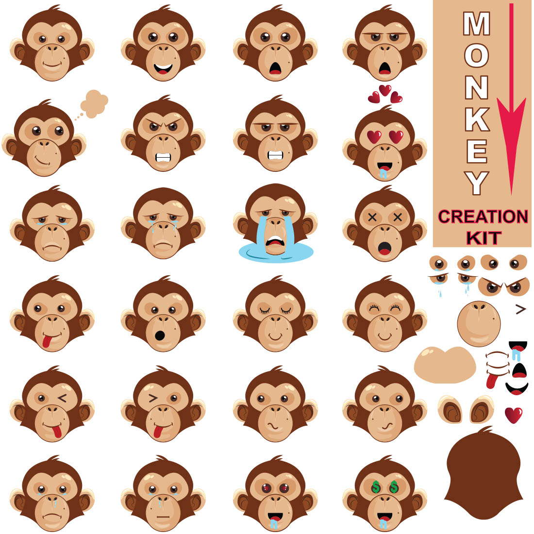 Set Collection of Different Monkey Face Emoji Expressions main cover.