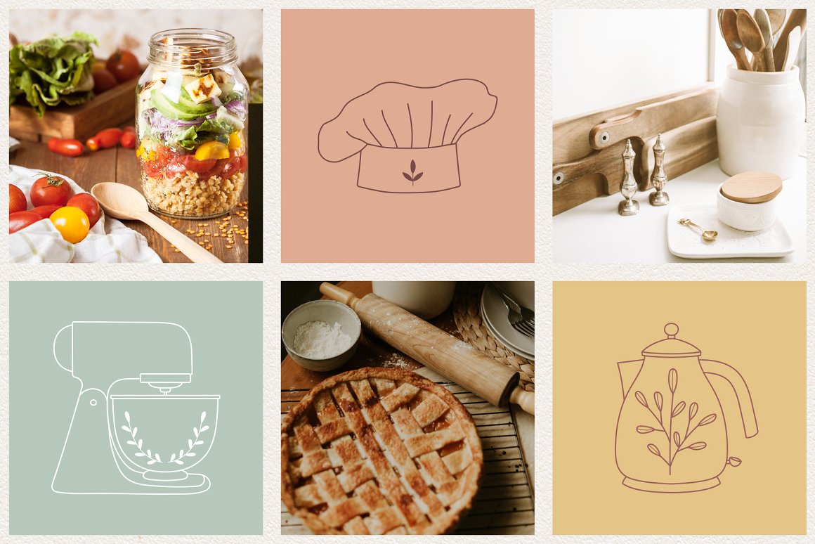 3 cooking images and 3 outline icons of cooking on a blue, pink and peach background.