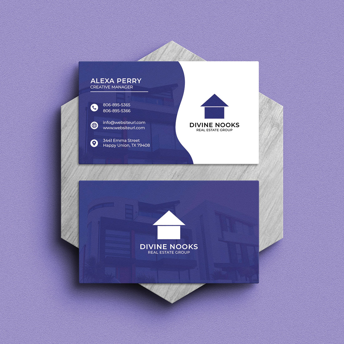 Image of a colorful business card template in blue and white.