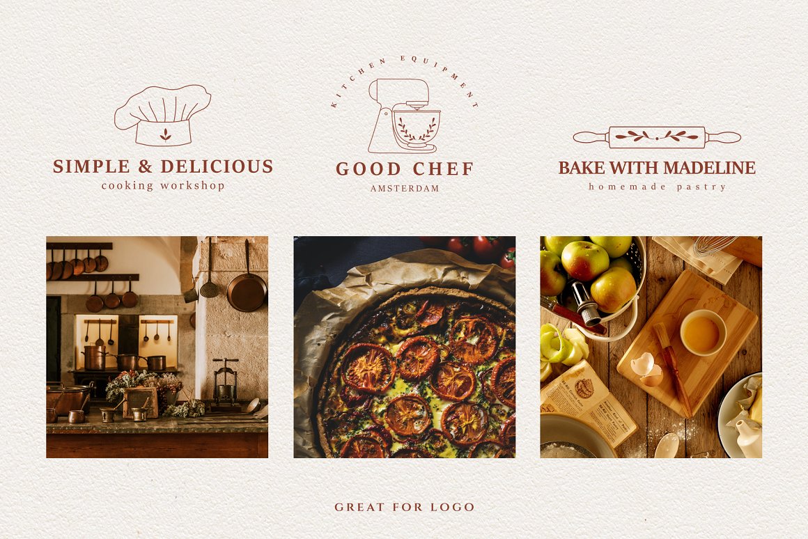 3 beautiful cooking and food photos and 3 dirty red logos with icons on a gray background.