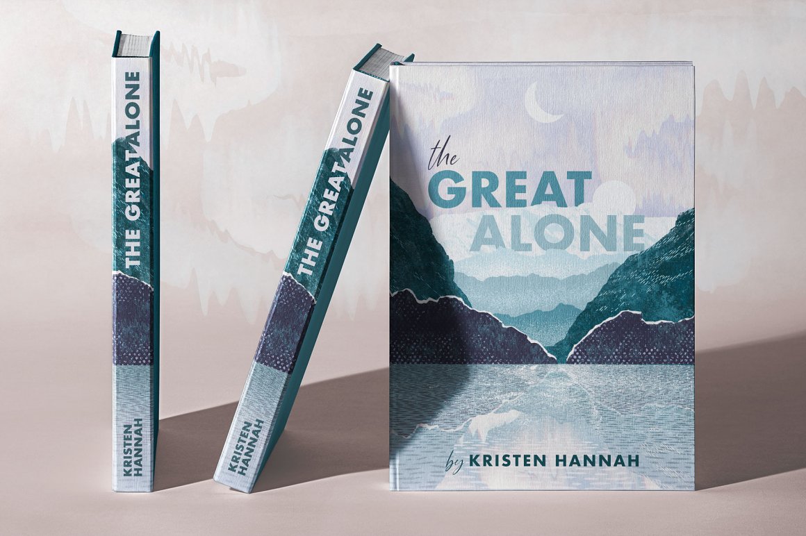 3 gray and blue books "The Great Alone" with landscape illustrations.