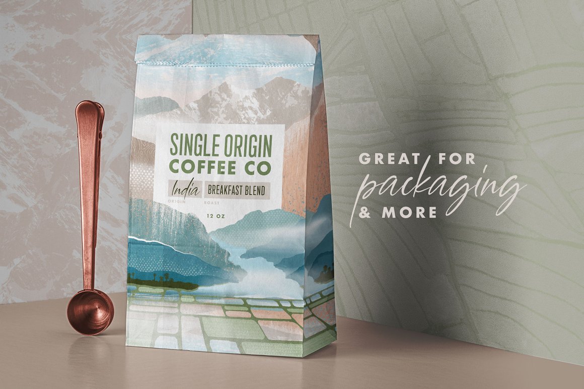 Packaging of coffee with landscape illustration.