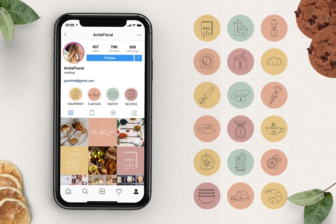 Iphone mockup with Instagram page with posts and highlights with kitchen and cooking icons.